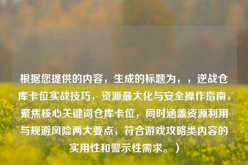 根据您提供的内容，生成的标题为，，逆战仓库卡位实战技巧，资源更大化与安全操作指南，聚焦核心关键词仓库卡位，同时涵盖资源利用与规避风险两大要点，符合游戏攻略类内容的实用性和警示性需求。）