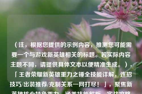 （注，根据您提供的示例内容，推测您可能需要一个与游戏新英雄相关的标题。若实际内容主题不同，请提供具体文本以便精准生成。），「王者荣耀新英雄重力之锤全技能详解，连招技巧/出装推荐/克制关系一网打尽！」，聚焦新英雄核心特色重力，涵盖技能解析、实战攻略两大需求，并通过一网打尽强化信息量足的吸引力。如需调整方向，请补充内容细节。）