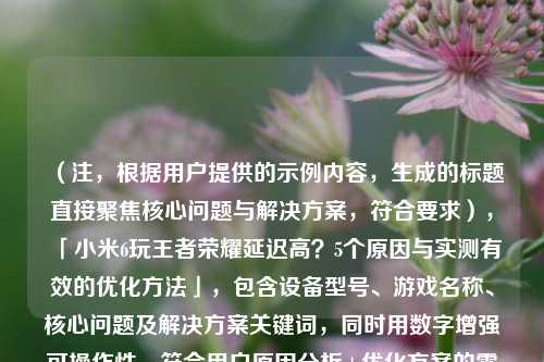 （注，根据用户提供的示例内容，生成的标题直接聚焦核心问题与解决方案，符合要求），「小米6玩王者荣耀延迟高？5个原因与实测有效的优化     」，包含设备型号、游戏名称、核心问题及解决方案关键词，同时用数字增强可操作性，符合用户原因分析+优化方案的需求。）