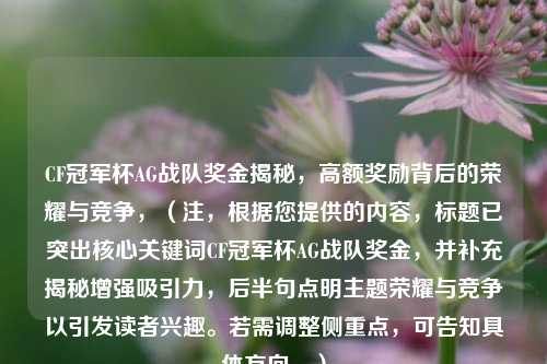 CF冠军杯AG战队奖金揭秘，高额奖励背后的荣耀与竞争，（注，根据您提供的内容，标题已突出核心关键词CF冠军杯AG战队奖金，并补充揭秘增强吸引力，后半句点明主题荣耀与竞争以引发读者兴趣。若需调整侧重点，可告知具体方向。）