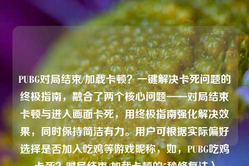 PUBG对局结束/加载卡顿？一键解决卡死问题的终极指南，融合了两个核心问题——对局结束卡顿与进入画面卡死，用终极指南强化解决效果，同时保持简洁有力。用户可根据实际偏好选择是否加入吃鸡等游戏昵称，如，PUBG吃鸡卡死？对局结束/加载卡顿的5秒修复法）